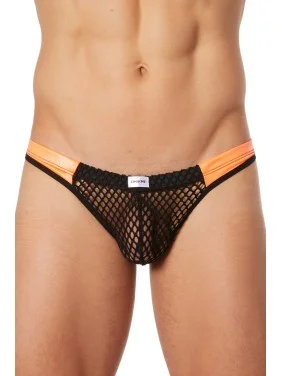 String noir filet avec bandes simili cuir oranges - LM911-57MBKO