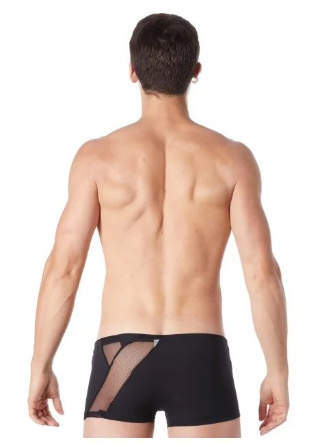 Boxer noir sexy avec bandes fine résille et déco zippée - LM808-67BLK
