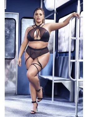 Ensemble deux pièces grande taille en résille noire transparente - MAL2682XBLK