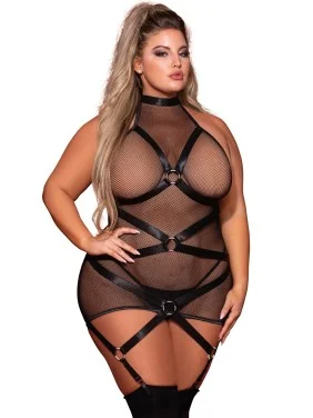Mini Robe résille grande taille noire avec harnais à anneaux - DG12499XBLK