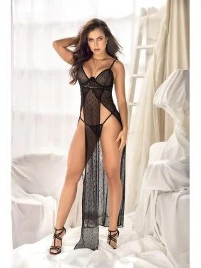 Longue nuisette en fine résille noire à poids très fluide - MAL7345BLK