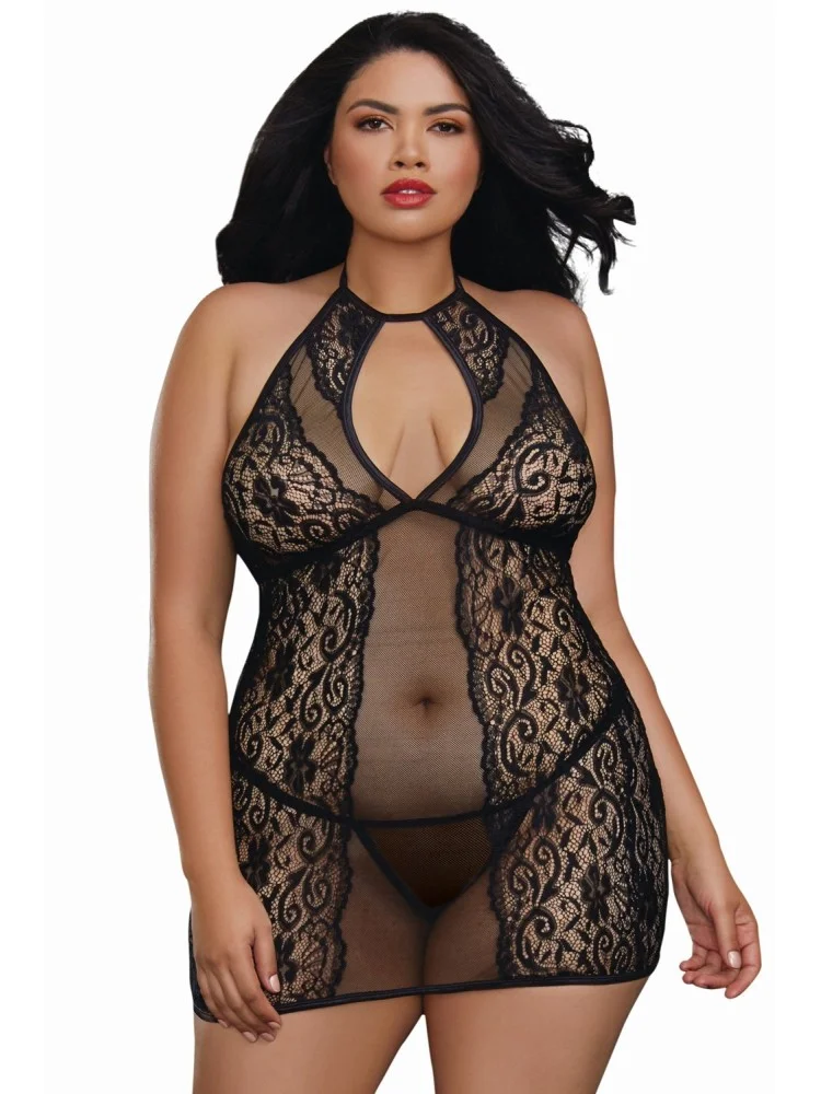 Nuisette légère grande taille avec dentelle et transparence - DG11515XBLK