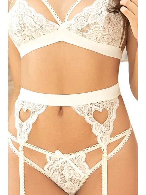 Ensemble 3 pièces ivoire soutien-gorge string porte-jarretelles - MAL8221IVO