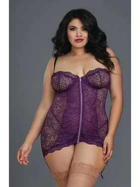 Nuisette grande taille prune avec zip et jarretières - DG11803XPLU